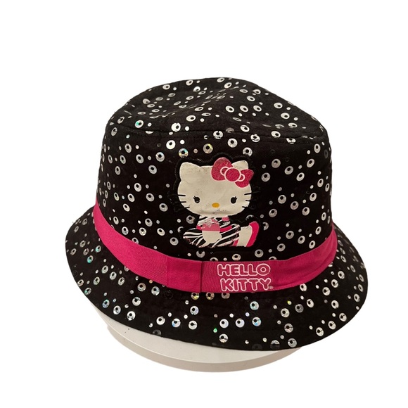 Hello Kitty Sequined Hat Black with Silver Sequins and Pink Grosgrain Ribbon - Picture 4 of 5